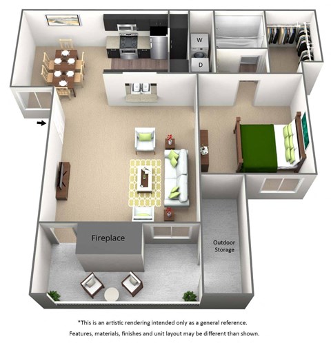 Floor plan for 1 bed, 1 bath, 643 sqft